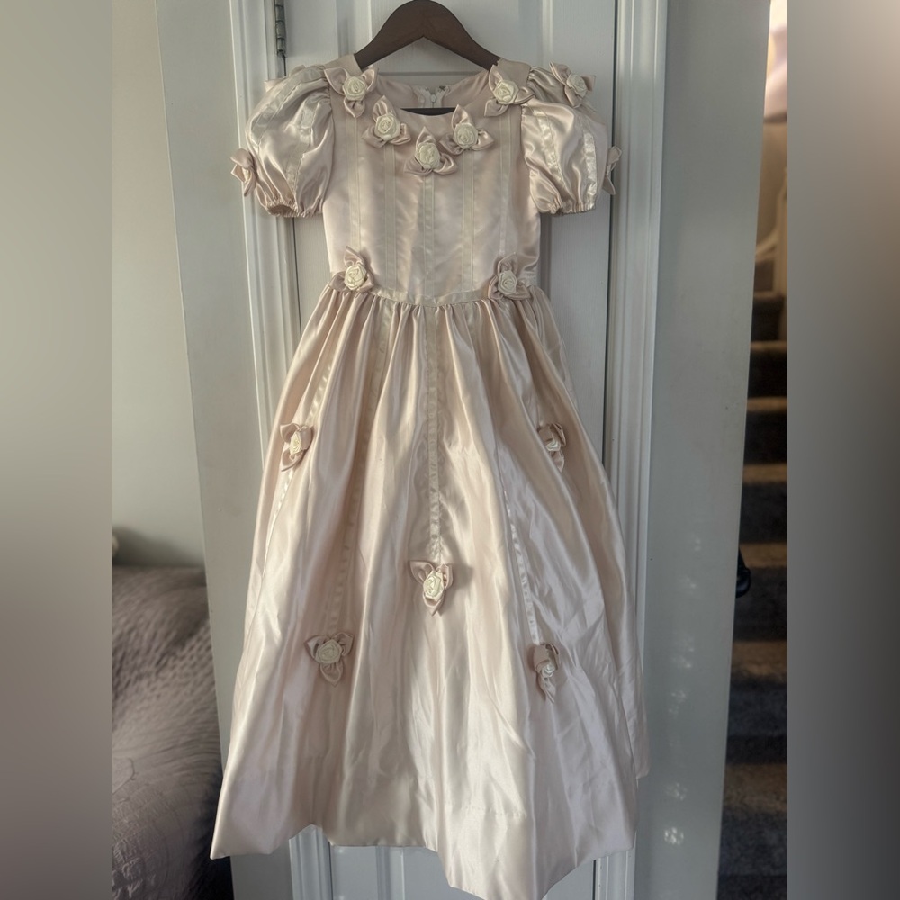 Vintage Mon Cheri Bridals Ivory Satin Rosette Flower Girl Dress Puff Sleeve 7/8